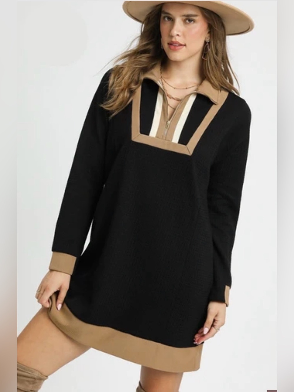 Umgee waffle knit tunic mini dress in black/tan